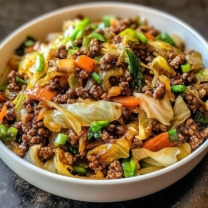 Crisp-sautéed ground beef and tender cabbage in a light Chinese-style stir fry dish