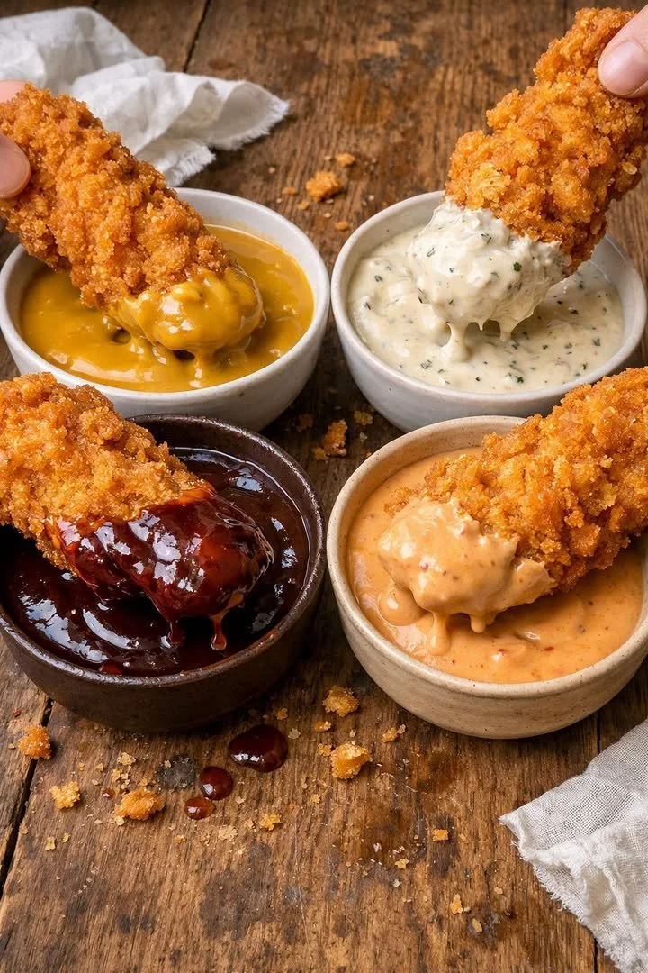 Plate of crispy chicken strips with four different dipping sauces