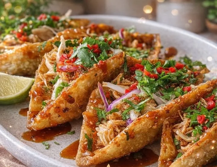 Crispy chicken wonton tacos filled with savory ingredients and fresh toppings