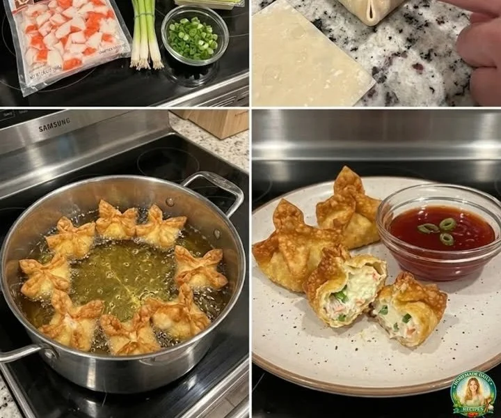 Crispy crab wontons served with dipping sauce on a plate.