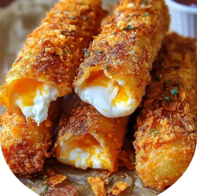 Crispy Doritos-crusted mozzarella sticks on a plate with dipping sauce