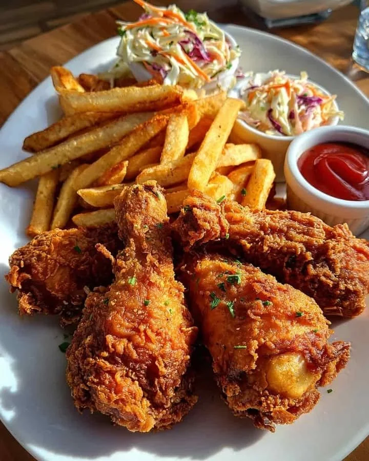 Crispy fried chicken served with fries and creamy coleslaw on a plate