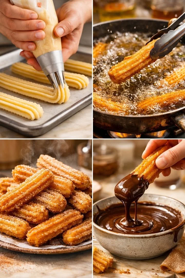 Crispy homemade churros dusted with sugar and served with chocolate sauce.