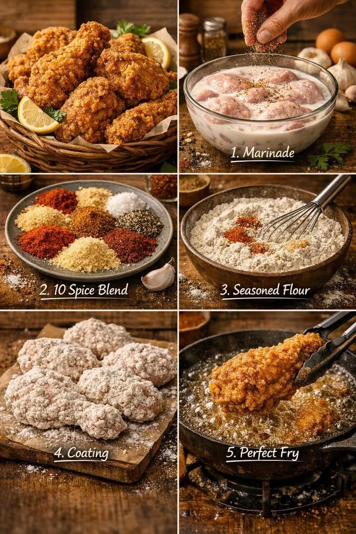 Crispy homemade fried chicken served with sides on a wooden table