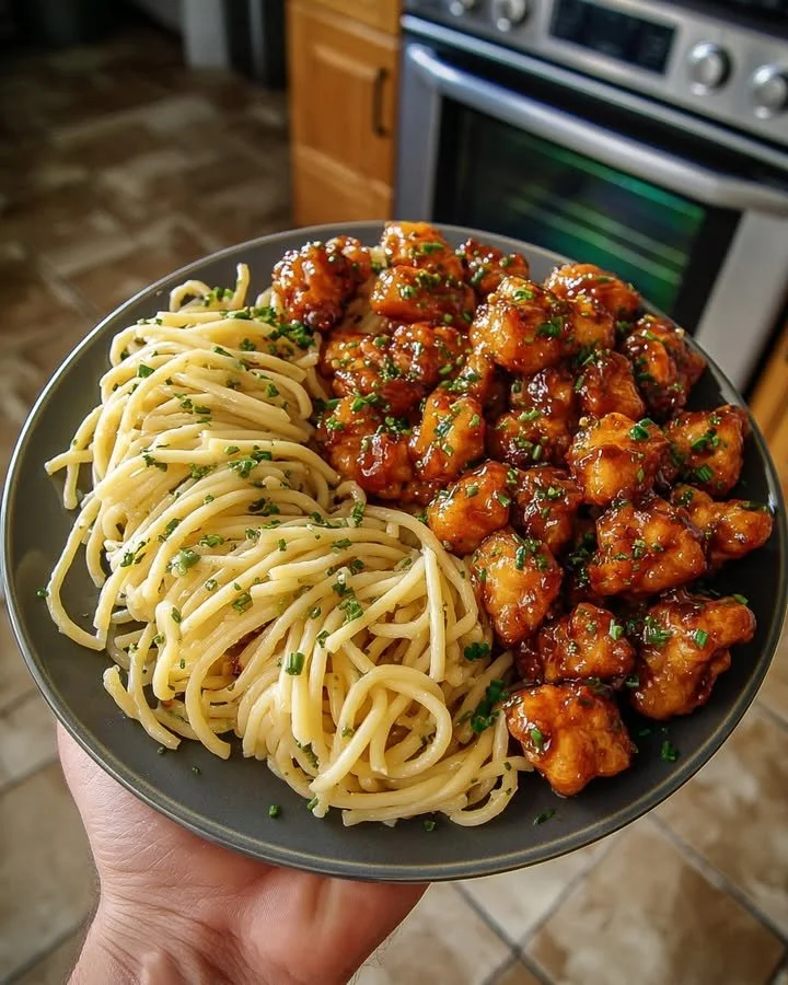 Crispy Honey Garlic Chicken served with garlic butter noodles