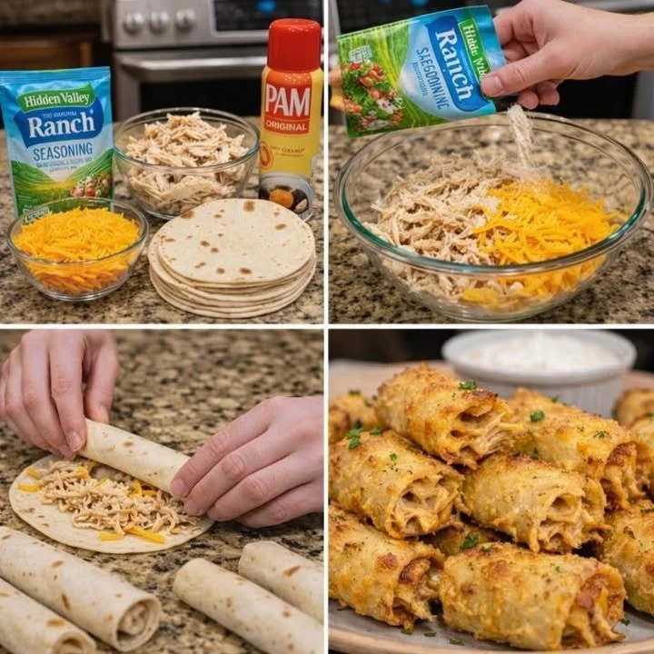 Plate of crispy ranch chicken taquito bites garnished with herbs
