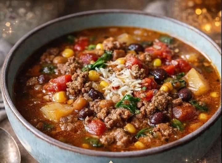 Bowl of hearty Crock Pot Cowboy Soup filled with vegetables and beans