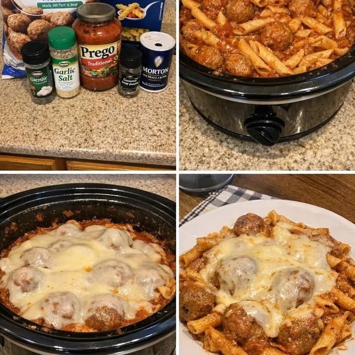 Crock Pot meatballs served over pasta in a delicious tomato sauce.