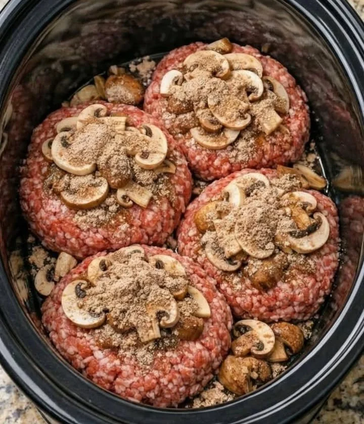 Crockpot beef patties with mushrooms served in a bowl