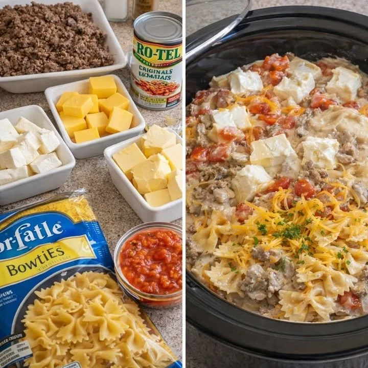 Crockpot Cheeseburger Bow Tie Pasta in a bowl, ready to serve.