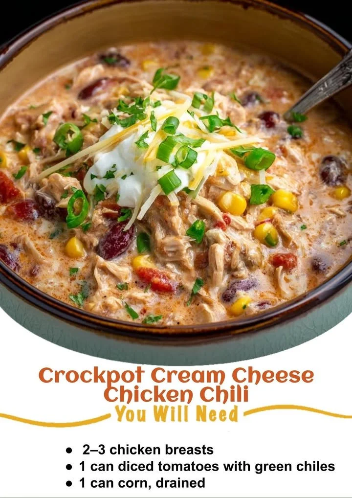 Bowl of creamy chicken chili with cream cheese cooked in a crockpot