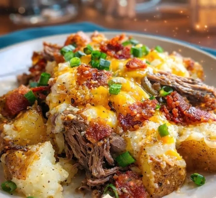 Crockpot Loaded Steak and Potato Bake, a delicious comfort food dish