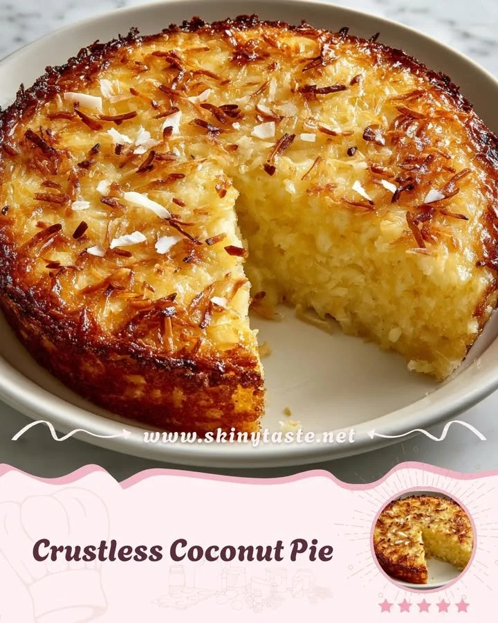 Crustless coconut pie served on a plate with a slice cut out