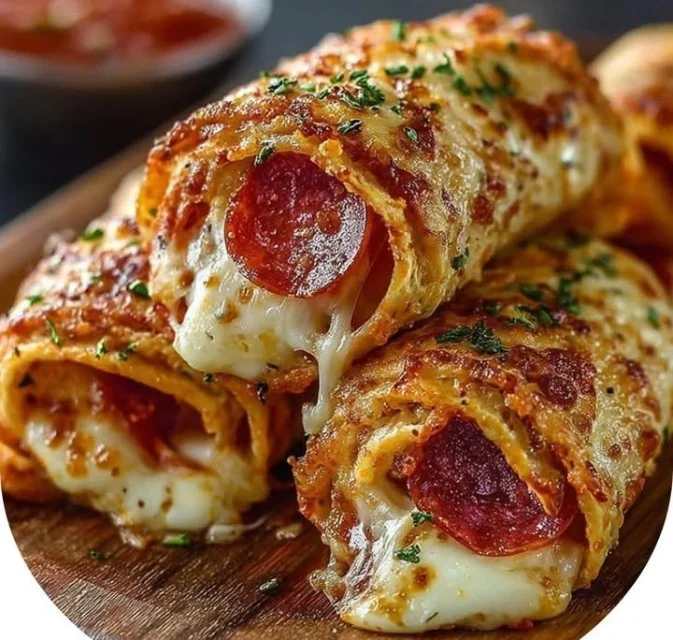 Delicious cheesy pepperoni pizza roll-ups served on a plate