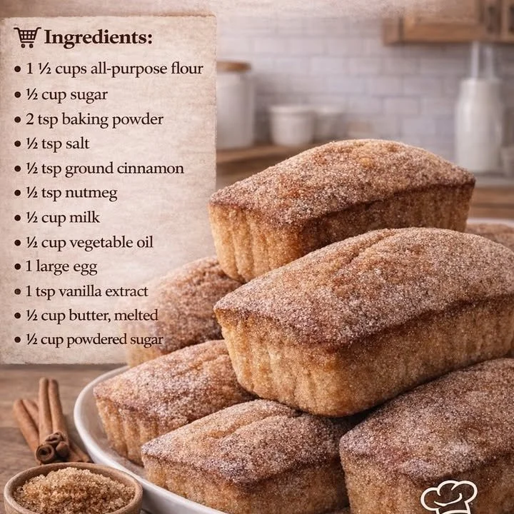 Freshly baked cinnamon donut loaf on a wooden table, sprinkled with sugar