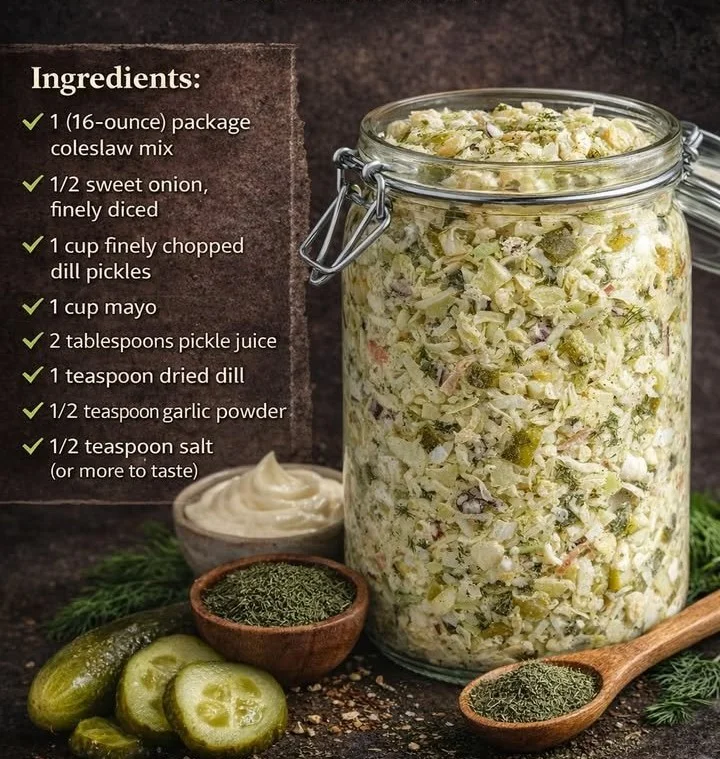 Bowl of tangy dill pickle coleslaw ready to serve at a summer gathering