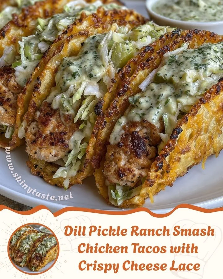 Dill pickle ranch smash chicken tacos topped with crispy cheese lace.
