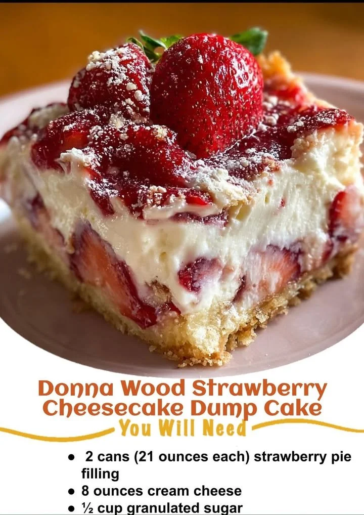 Strawberry cheesecake dump cake topped with fresh strawberries and whipped cream.