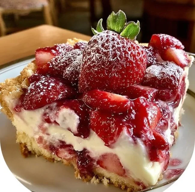 Donna Wood's Strawberry Cheesecake Dump Cake topped with fresh strawberries.