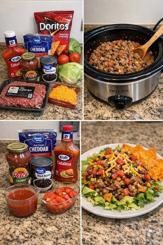Colorful Dorito Taco Salad with crispy chips, fresh veggies, and savory toppings