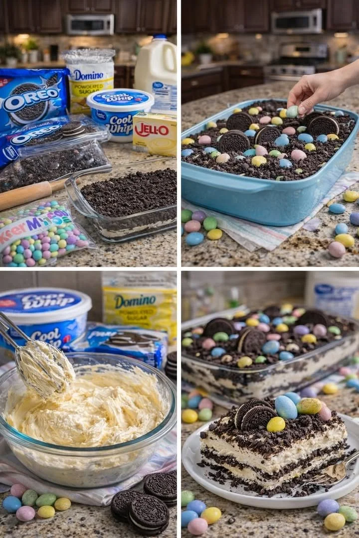 Delicious Easter Dirt Cake, a no-bake Oreo dessert decorated with spring-themed toppings