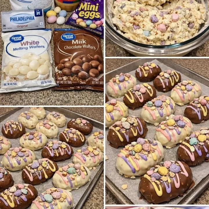 Easter Mini Egg Cheesecake Truffles on a decorative table