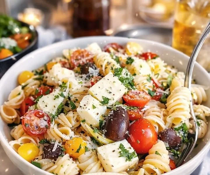 Colorful bowl of easy and flavorful Italian Pasta Salad with fresh vegetables