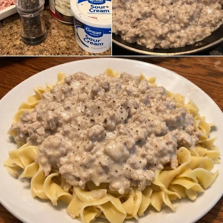 Easy beef stroganoff served on a plate with mushrooms and noodles