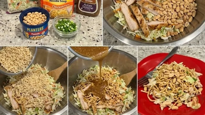 Bowl of easy Chinese chicken salad with colorful vegetables and dressing.