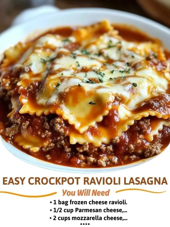 Delicious Easy Crockpot Ravioli Lasagna served in a slow cooker