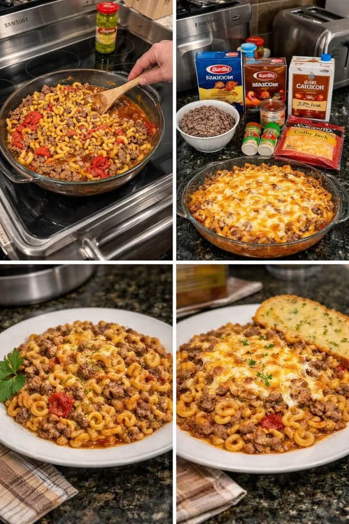 Delicious dump and bake beef macaroni dish ready to serve.