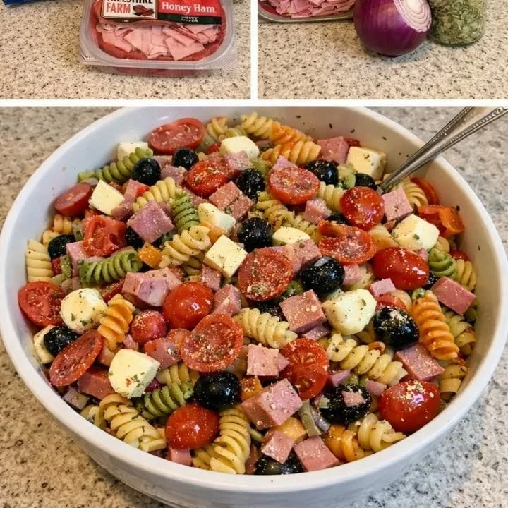 Bowl of Easy Italian Pasta Salad with colorful vegetables and dressing