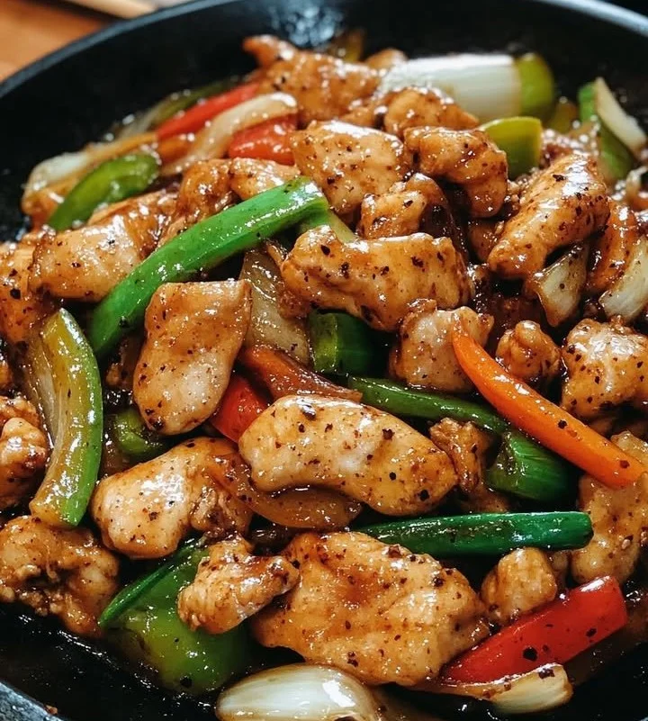 Delicious wok-tossed chicken in black pepper garlic sauce