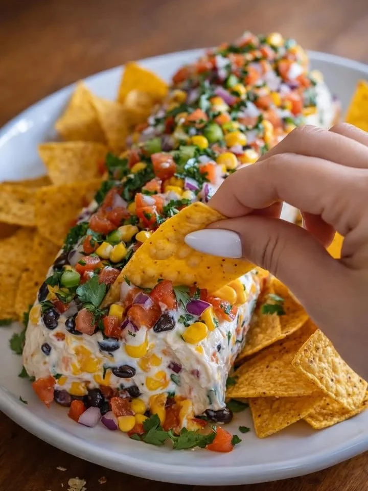 Festive Fiesta Cowboy Caviar Cheese Log garnished with colorful toppings.
