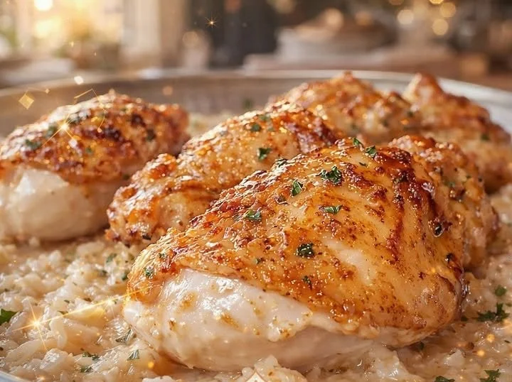 Delicious forgotten chicken recipe served on a plate with herbs and spices.