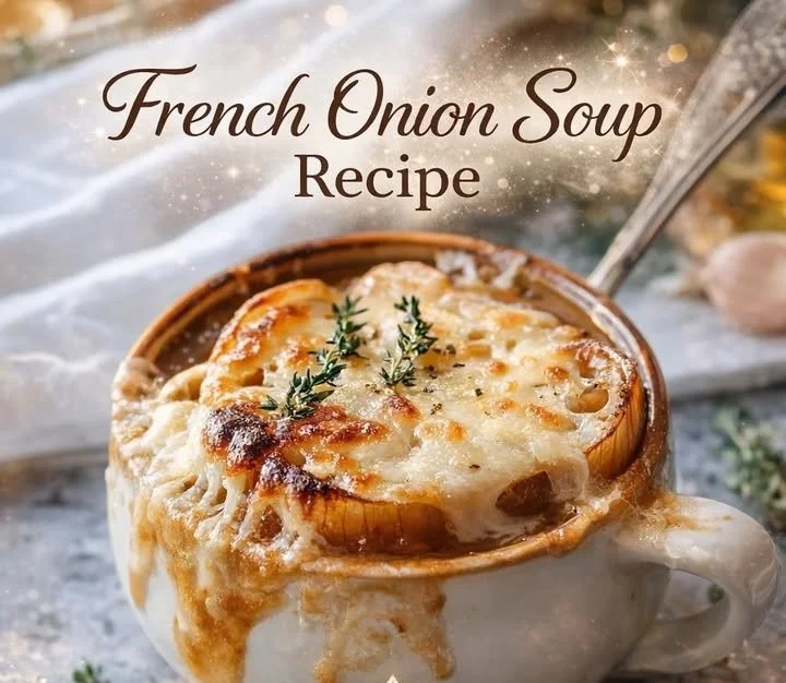 Delicious bowl of French Onion Soup topped with melted cheese and herbs