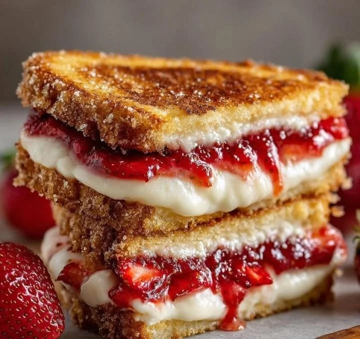Delicious Fried Strawberry Cheesecake Sandwiches with golden crust and fresh strawberries.