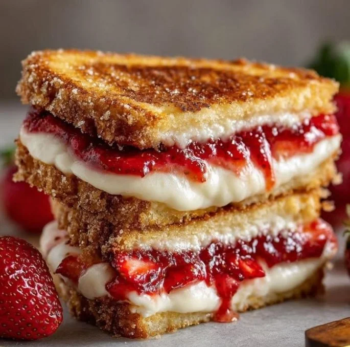 Fried strawberry cheesecake sandwiches drizzled with strawberry sauce