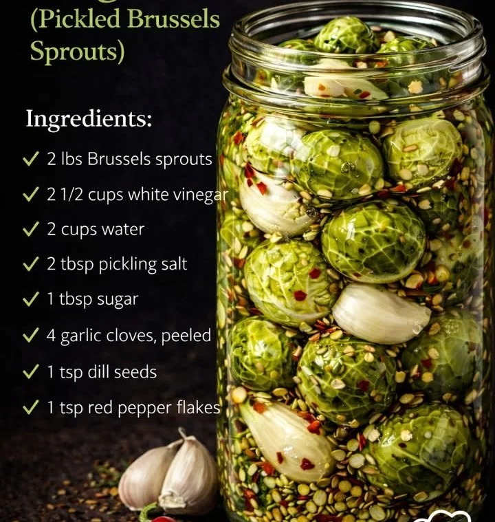 Jar of Frog Balls, delicious pickled Brussels sprouts in a flavorful brine.