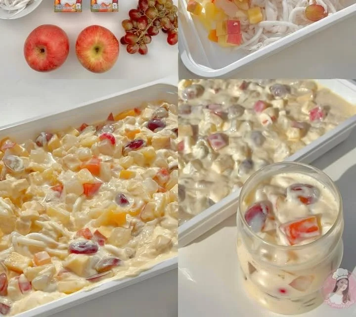 A colorful bowl of fresh fruit salad with assorted fruits.