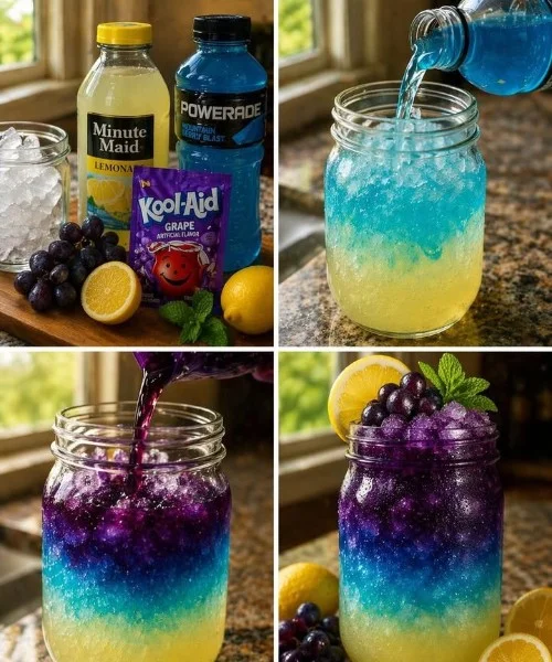Galaxy Grape Lemonade in a glass with a lemon slice and grape garnish