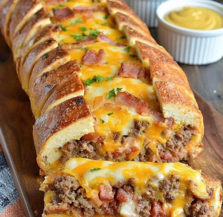 Delicious Garbage Bread served with a side of sauce and fresh herbs.