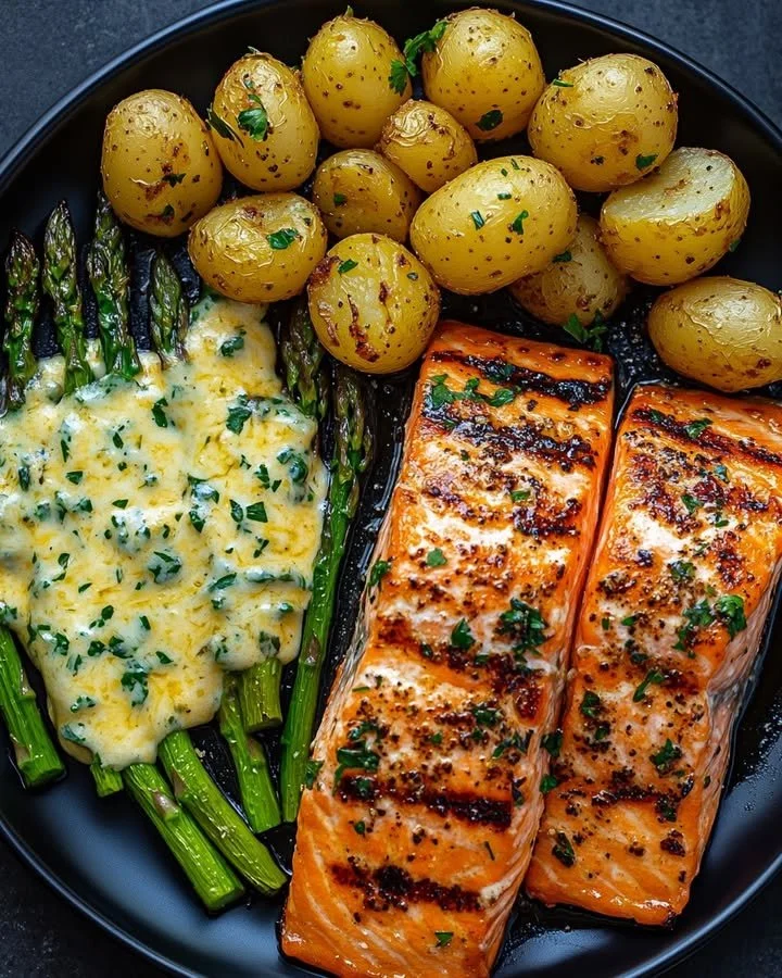 Garlic Butter Salmon with Asparagus and Baby Potatoes on a plate