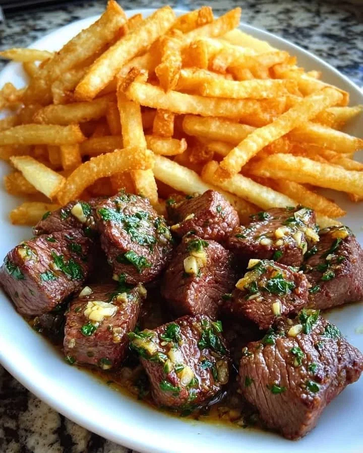 Garlic butter steak bites served with crispy golden fries on a plate