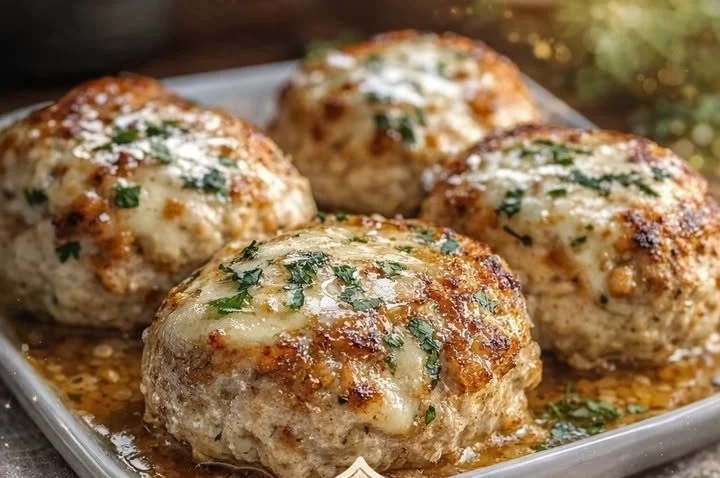 Garlic Parmesan Chicken Meatloaves topped with herbs and cheese