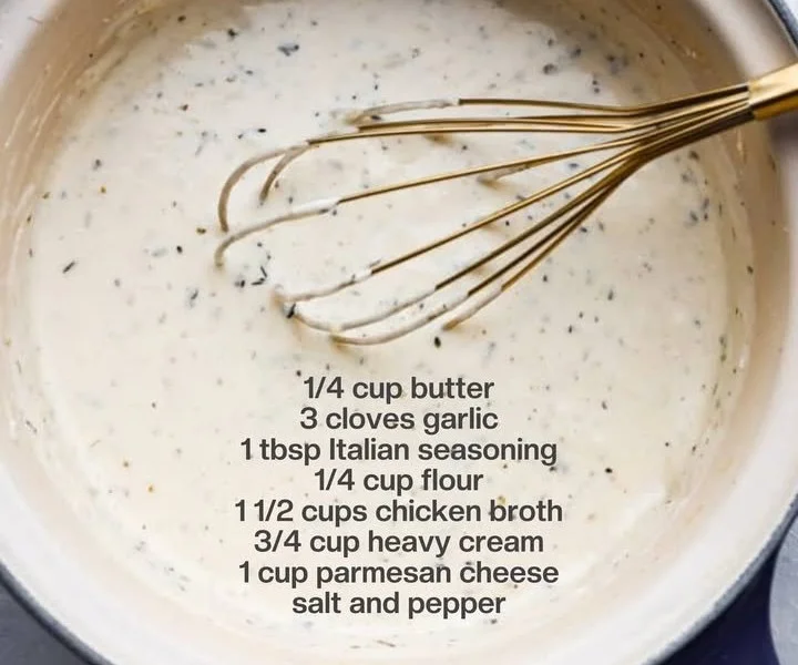 Delicious homemade Garlic Parmesan Sauce in a bowl with fresh herbs