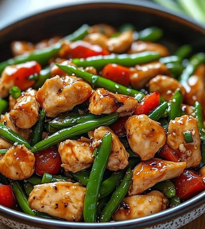 Garlic Soy Chicken stir-fried with green beans and savory pan glaze
