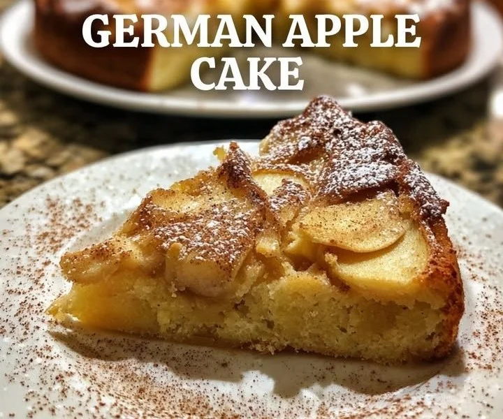 Delicious slice of German Apple Cake topped with fresh apples and cinnamon.