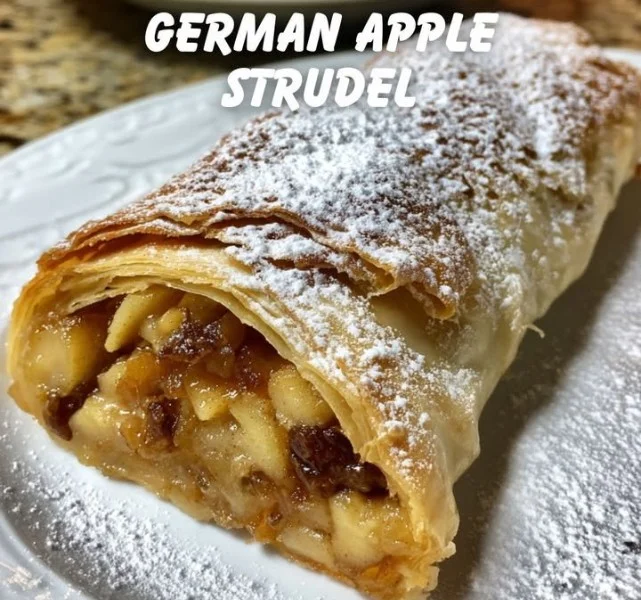 Homemade German Apple Strudel with spiced apple filling and flaky crust