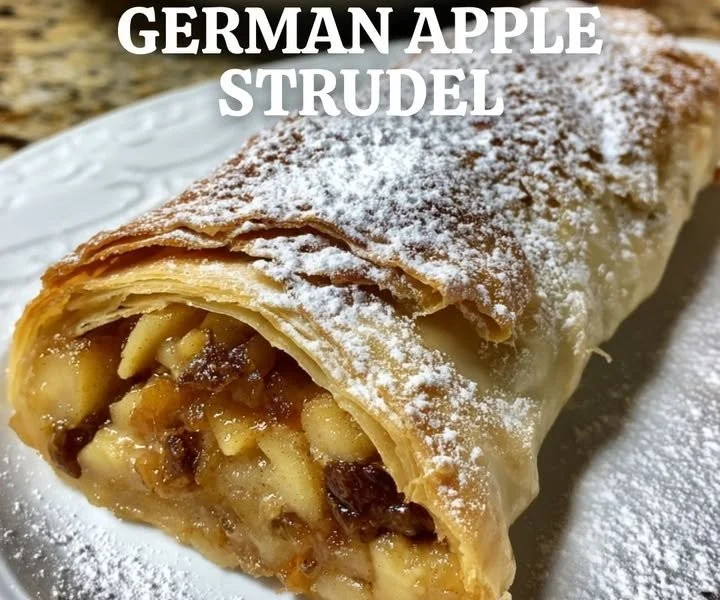 Freshly baked German apple strudel with spiced apple filling and flaky crust.